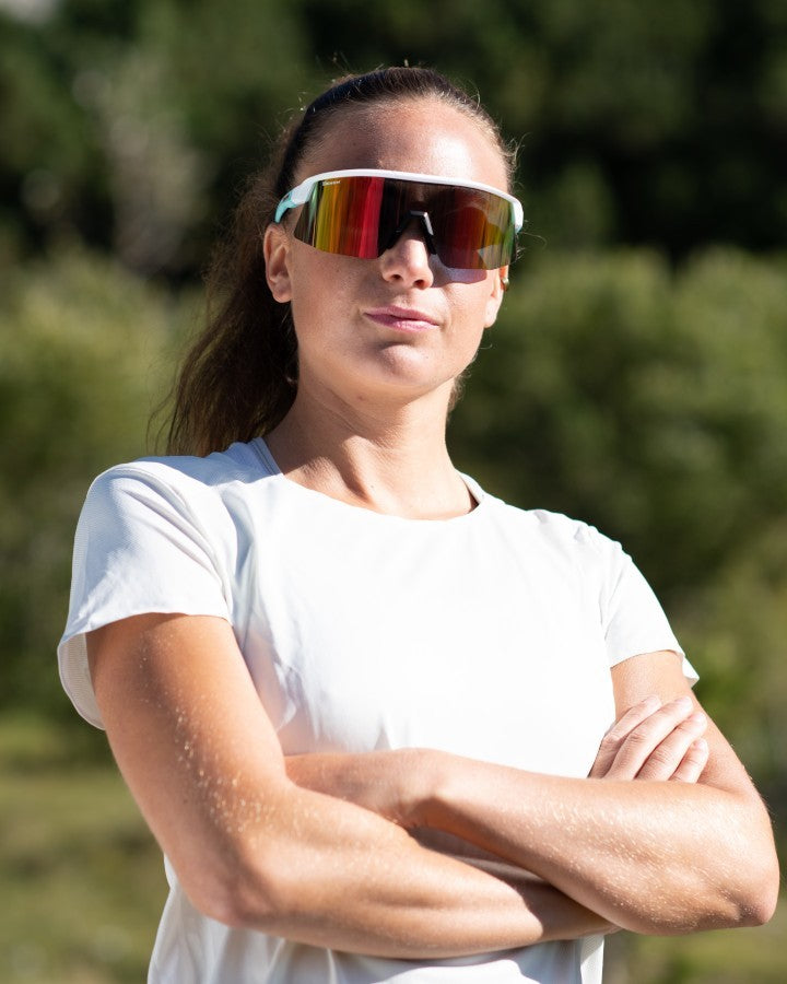 Occhiale da donna per running a mascherina lente specchiata colore bianco modello ROUBAIX
