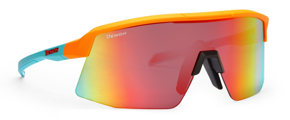 Occhiale da Trail Running Arancio Fluo e Azzurro lente specchiata rossa modello ROUBAIX