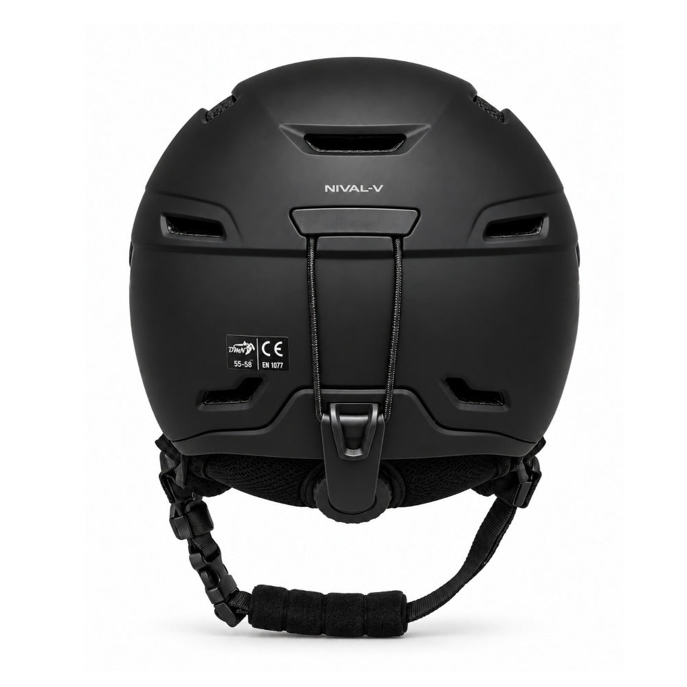 Vista posteriore del casco da sci DMN NIVAL-V nero opaco con regolazione micrometrica, sistema di ventilazione e supporto per maschera da neve