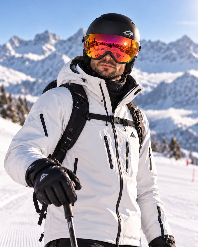 Sciatore uomo con casco DMN NIVAL V nero opaco e visiera specchiata arancio-rossa, indossato con giacca tecnica bianca sulle piste da sci