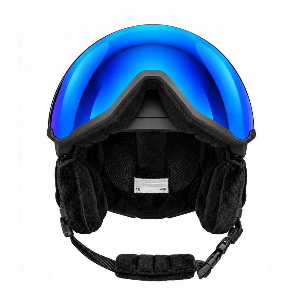 Interno del casco sci con visiera blu DMN NIVAL-V, imbottitura antibatterica removibile e lavabile, paraorecchie imbottiti e cinturino regolabile.
