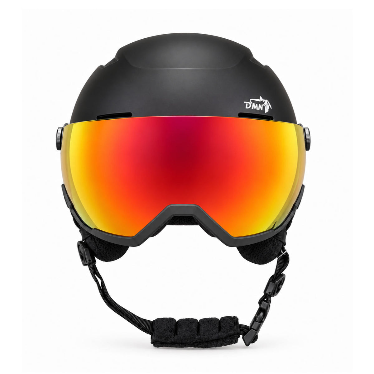 Vista frontale del casco sci e snowboard DMN NIVAL-V nero opaco con visiera panoramica REVO Mirror Red S2, VLT 25%, e lente interna rosa ad alto contrasto.
