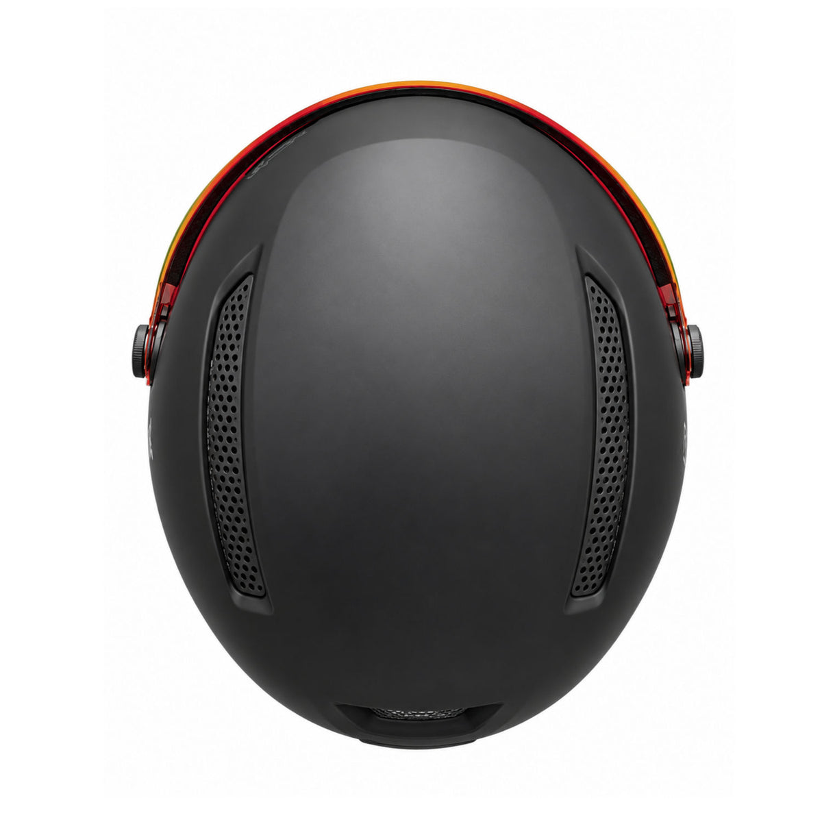 Vista superiore del casco sci DMN NIVAL-V nero opaco con doppia struttura In-Mould, prese d'aria integrate e visiera REVO Mirror Red