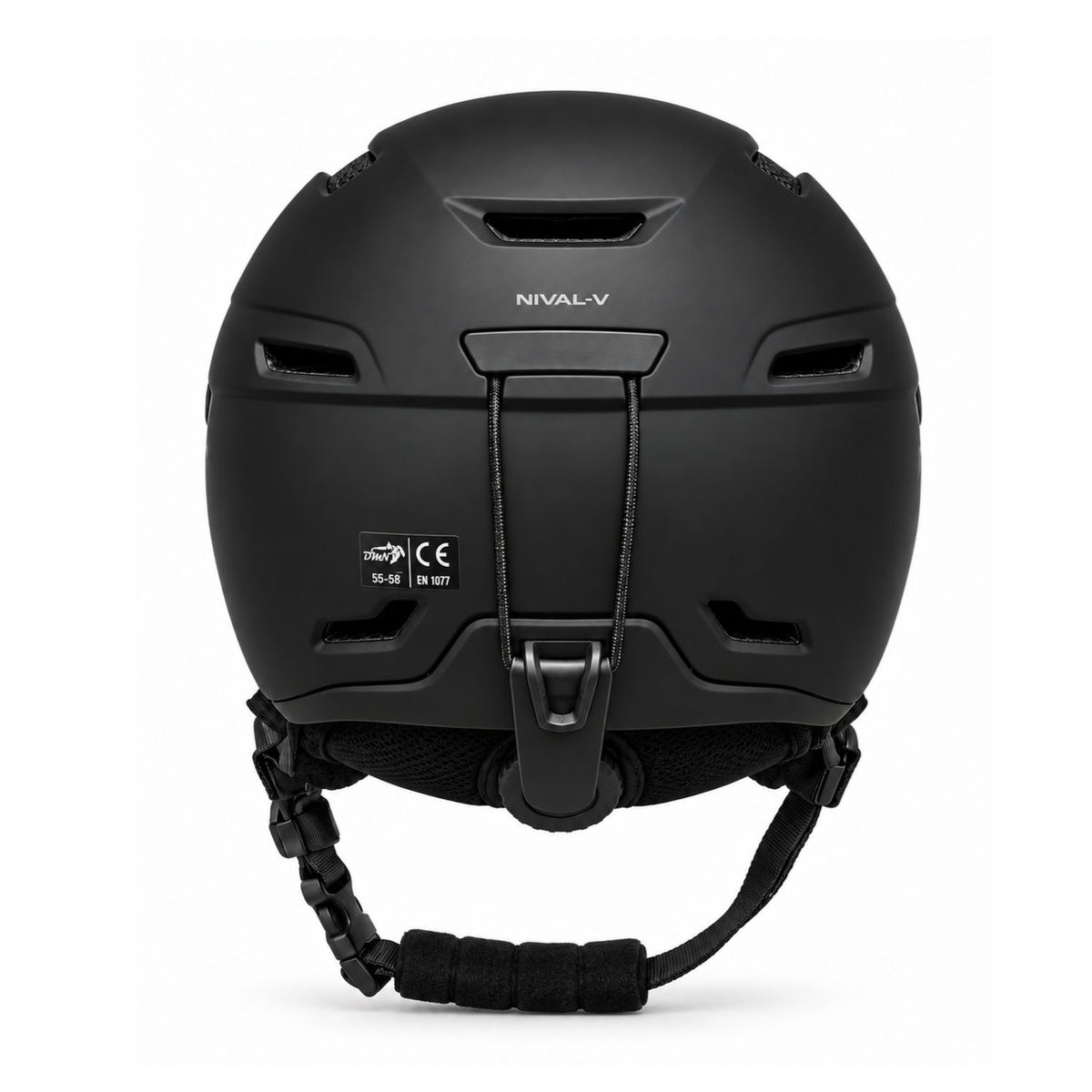 Vista posteriore del casco snowboard DMN NIVAL-V nero opaco con aperture di ventilazione, supporto posteriore per maschera da sci e cinturino regolabile.