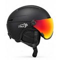 Vista laterale del casco snowboard DMN NIVAL-V con struttura Double In-Mould, visiera specchiata rossa e gialla, meccanismo laterale e logo DMN.