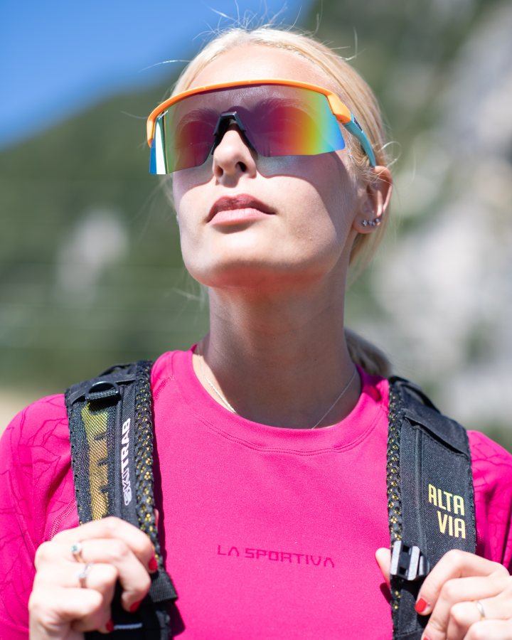 Occhiale da alpinismo donna lente specchiata arancio fluo a mascherina modello ROUBAIX