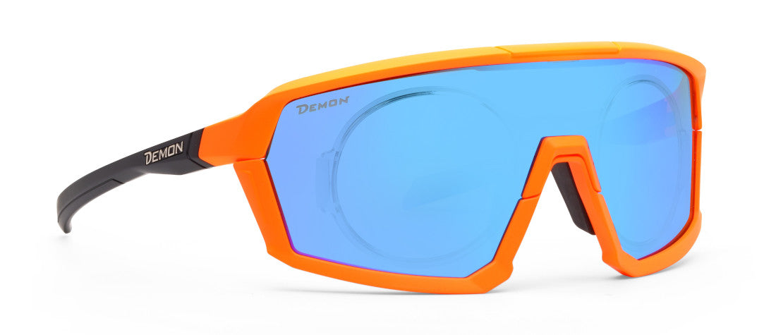 Cycling glasses for mountain bike racing gravel with fluo orange mirrored lens mask