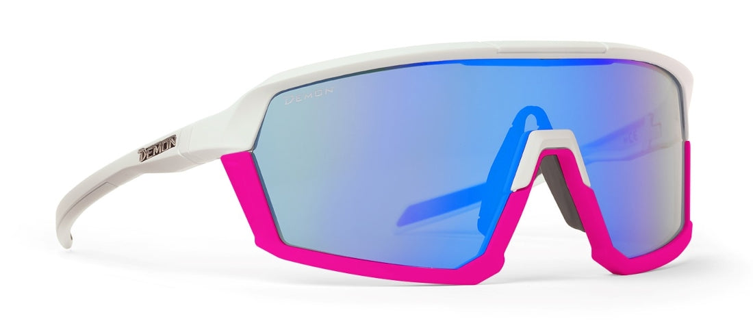 Occhiale da donna per bici da corsa a mascherina lente specchiata bianco fucsia