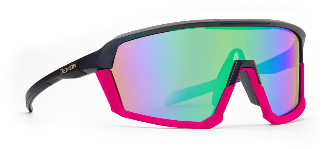 Occhiale da donna per bici da corsa nero fucsia lente specchiata verde