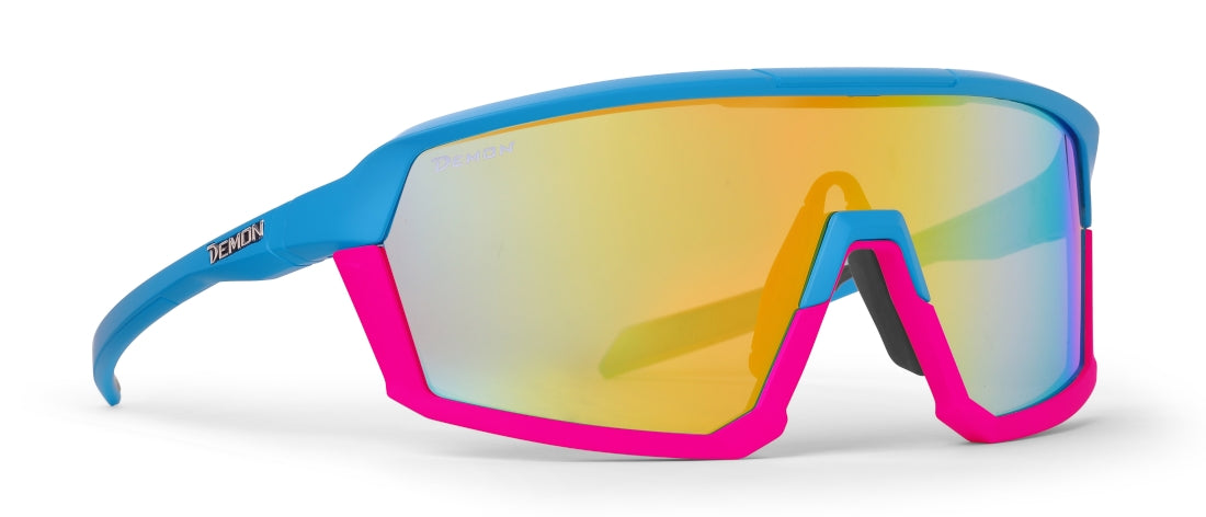occhiale da donna per ciclismo e gravel azzurro fucsia lente specchiata gialla