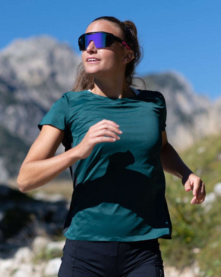 Occhiale da donna per trail running lente specchiata a mascherina nero fucsia modello speed vent