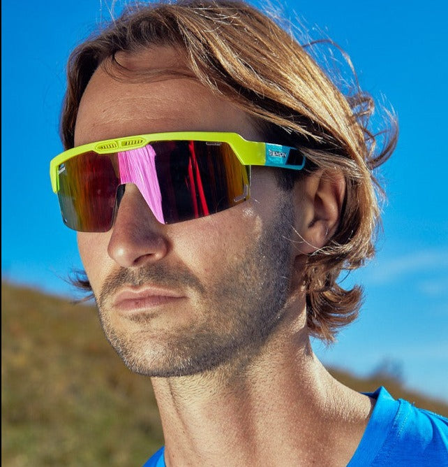 men's running glasses with mirrored lens, fluorescent yellow model speed vent