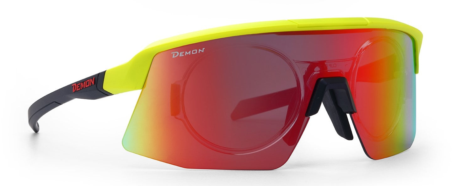 occhiale da vista per trail running lente specchiata rossa colore giallo fluo