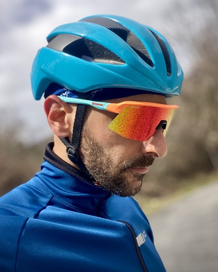 Occhiale per bdc arancio fluo azzurro opaco lente specchiata rossa a mascherina modello ROUBAIX