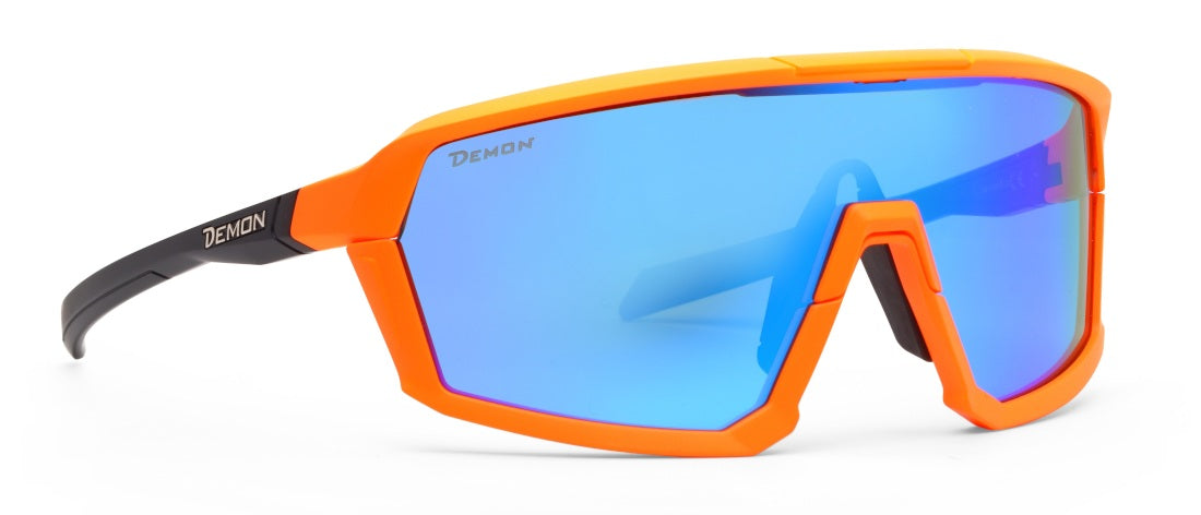 Occhiale per bici da corsa a mascherina lente specchiata blu colore arancio fluo