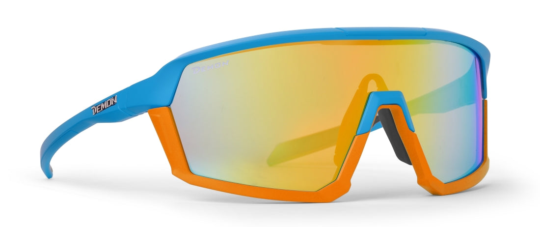 occhiale per bici da corsa e gravel a mascherina lente specchiata azzurro arancio
