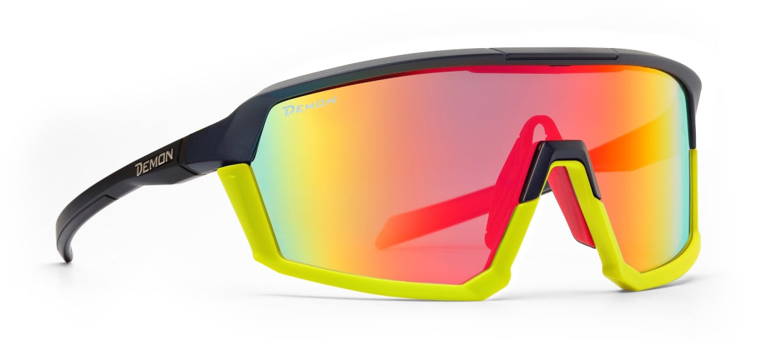 Occhiale per escursionismo e alpinismo nero giallo fluo a maschrerina lente specchiata rossa
