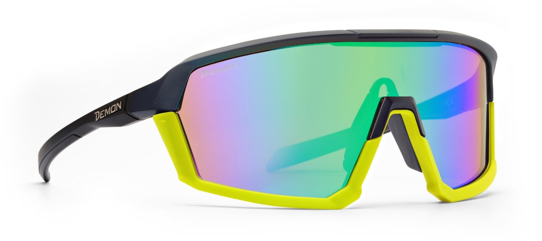 occhiale per gravel lente specchiata nero e giallo fluo a mascherina