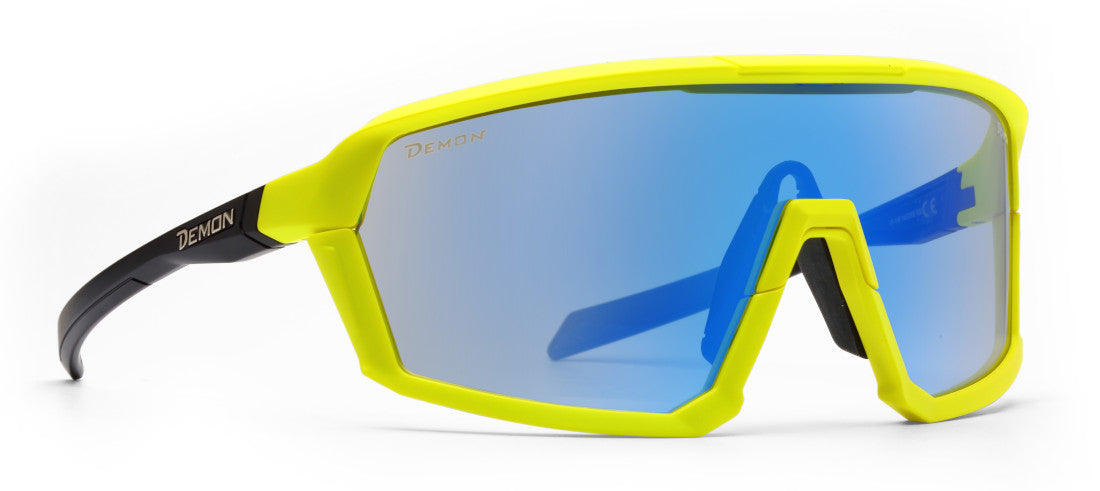 Glasses for trail running fluorescent yellow mirrored photochromic lens