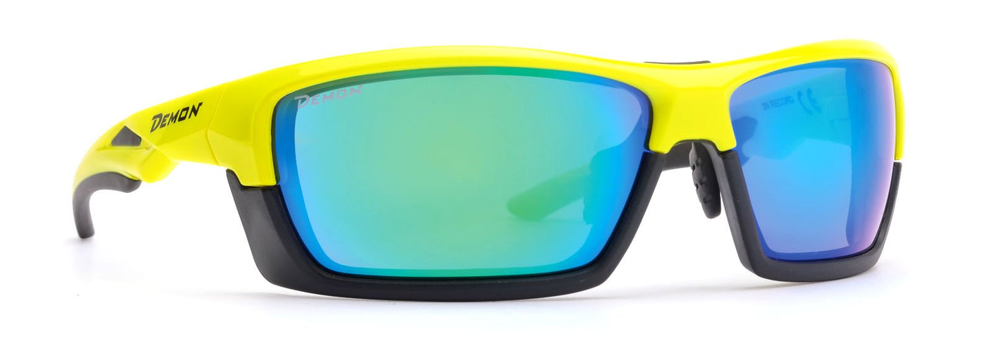 Occhiale da ciclismo su strada con montatura removibile lenti specchiate intercambiabili modello RECORD giallo fluo