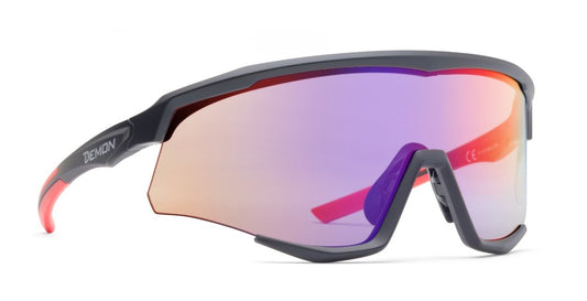 running glasses and trail mask with red mirrored photochromic lens, hydrophobic treatment