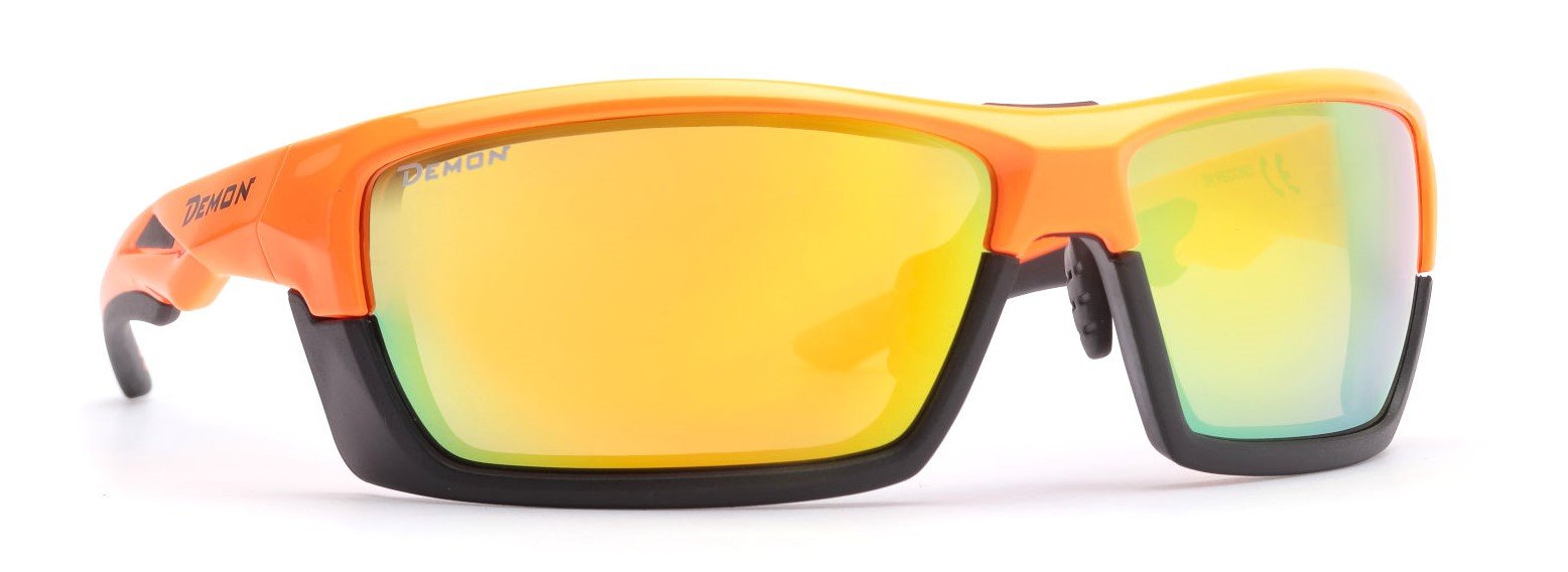 Road running glasses with interchangeable mirrored lenses and removable frame RECORD fluorescent orange