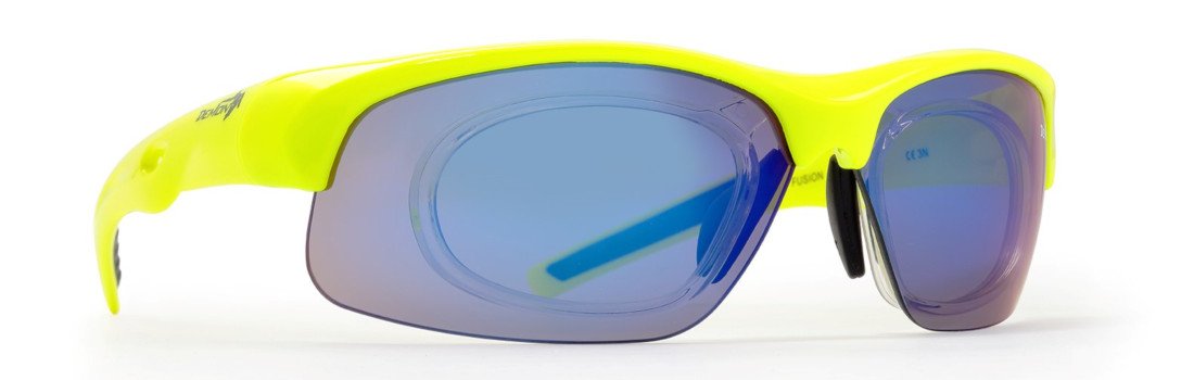 occhiale sportivo con clip vista per lenti graduate giallo fluo per mountain bike