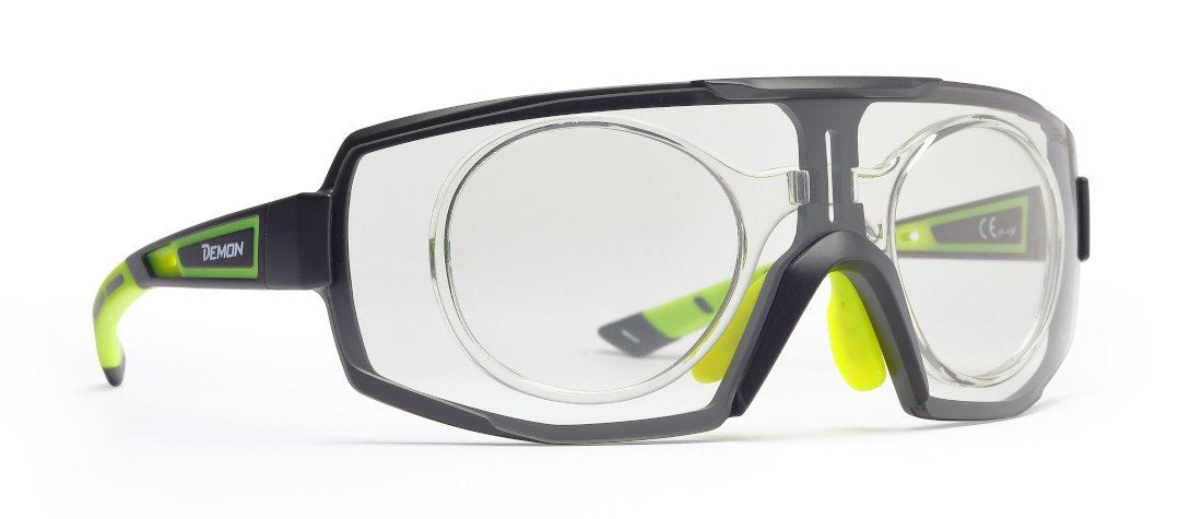 Sports eyeglasses for road cycling and mountain biking with photochromic single lens performance rx clip optical